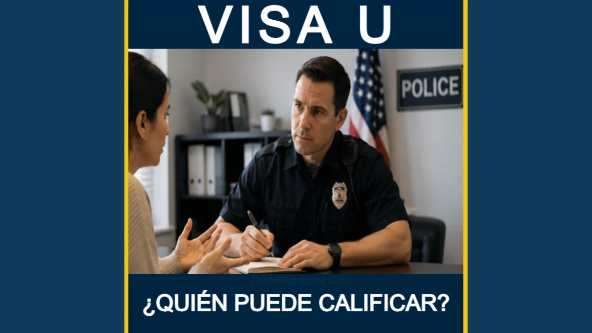 Police officer in uniform meeting with a woman at a desk, background shows a police sign and flag; caption reads '¿Quién puede calificar?'